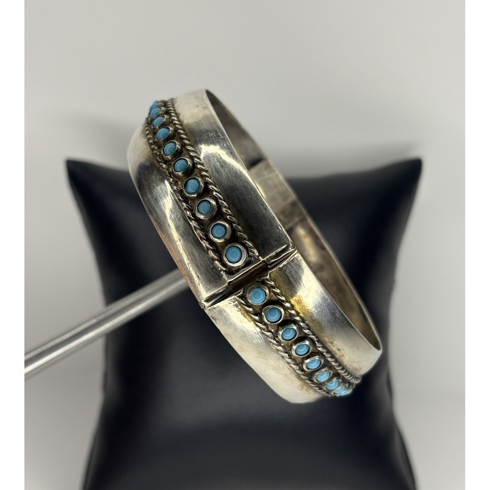 Vintage Taxco Mexico 900 Silver Turquoise Hinged Bangle Bracelet 20mm Wide - Picture 4 of 9